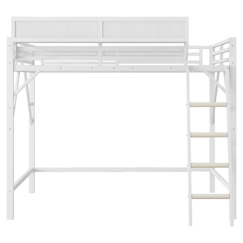 Heavy Duty Metal Loft Bed Frame with Guardrails and Storage Shelves