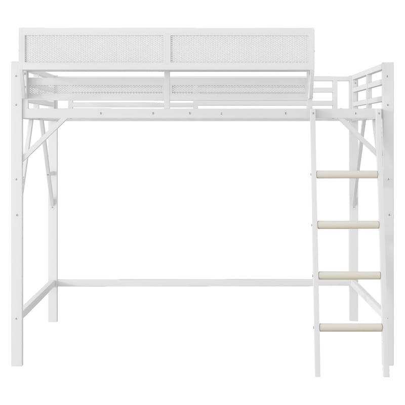 Queen Size Metal Loft Bed with Ladder Storage Shelves for Kids Teens