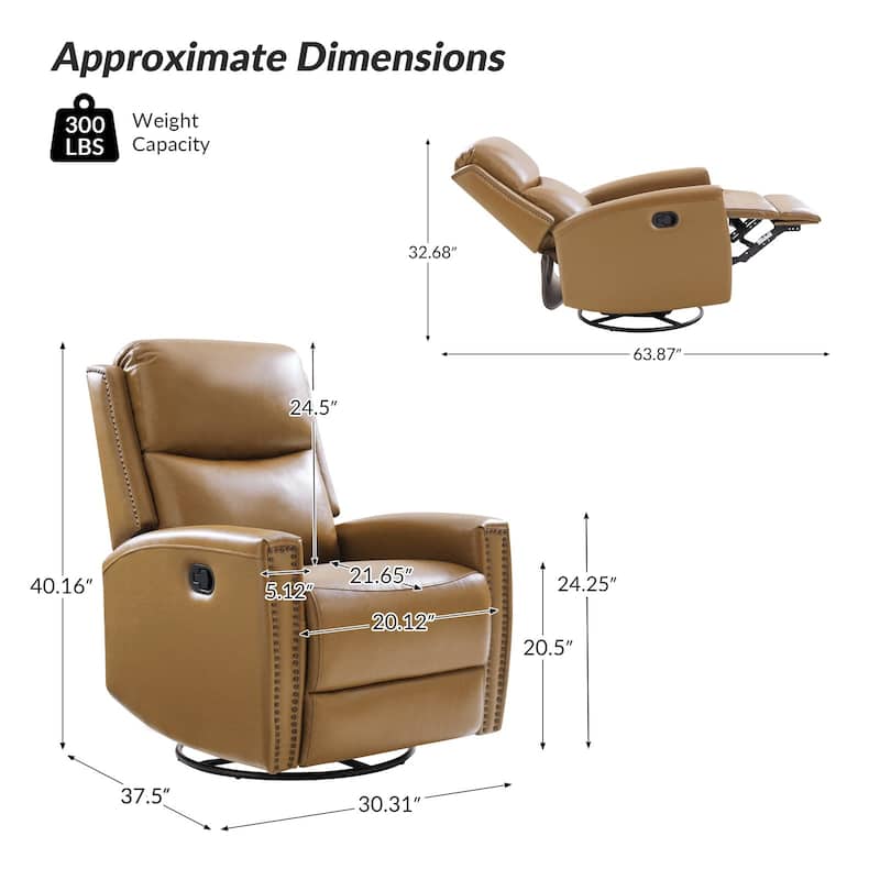 Fiacro 30.31"Wide Modern Genuine Leather Wingback Swivel Rocker Recliner with Nailhead Trims