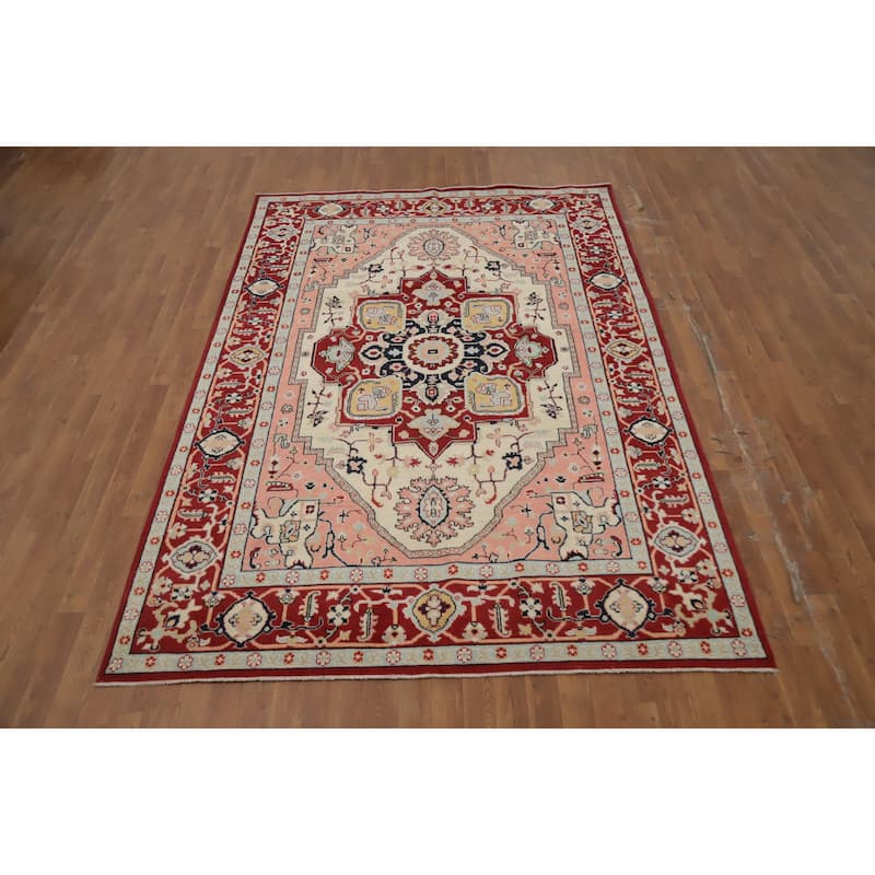 Hand Knotted Oriental 100% Wool Carpet Traditional Medallion Beige & Ivories Heriz (serapi) Area Rug - 9' 0'' X 6' 2''