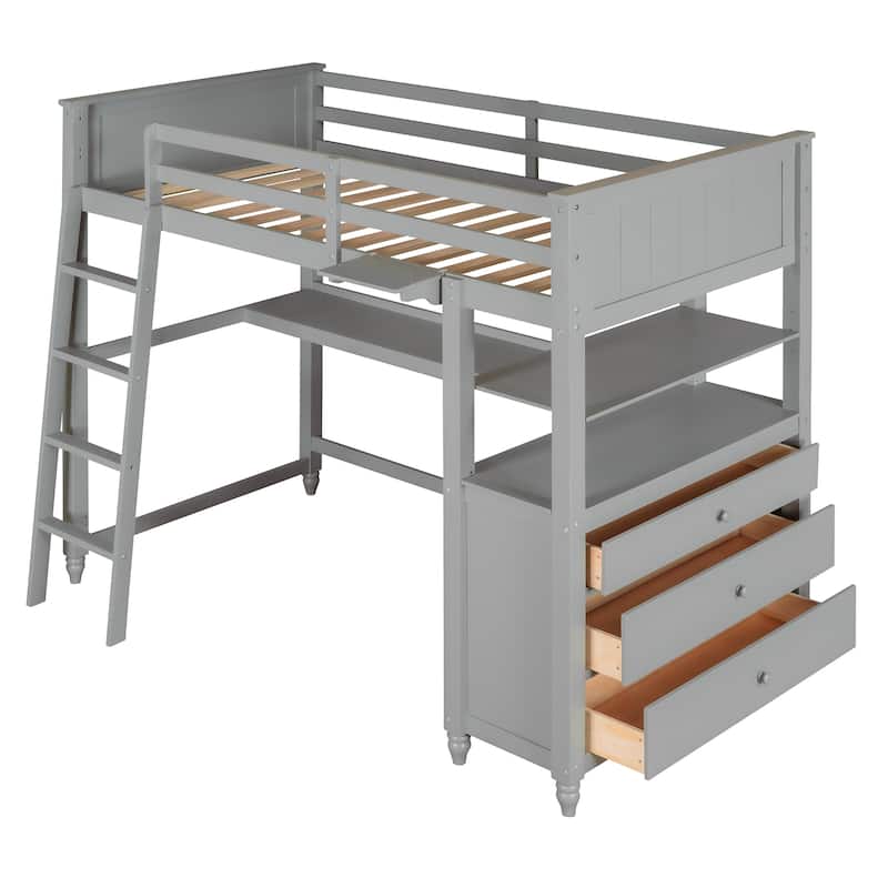 Loft Bed with Drawers and Desk, Wooden Loft Bed with Shelves