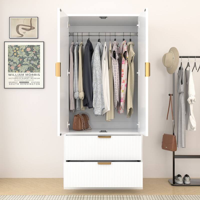 Gymojoy 2 Door Armoire Wardrobe Closet with Drawers, Modern Fluted Bedroom Storage Cabinet