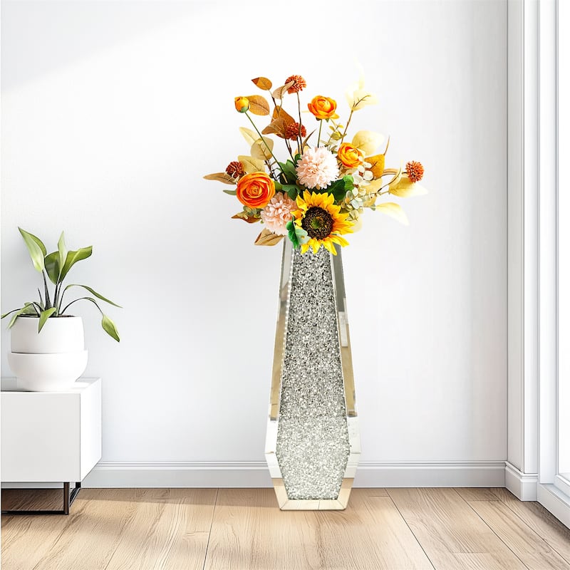 Large Mirrored Floor Standing Vases Crushed Diamond Crystal Glass for Holding Dried Flowers Plant - 6.30”x4.33”x26.77”