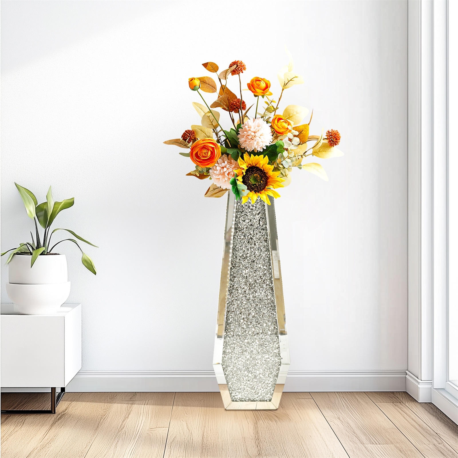 Large Mirrored Floor Standing Vases Crushed Diamond Crystal Glass for Holding Dried Flowers Plant