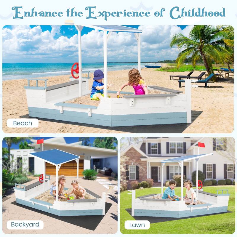 Costway Fir Wood Sandbox with Sloping Canopy Liner Multiple Seats - See Details