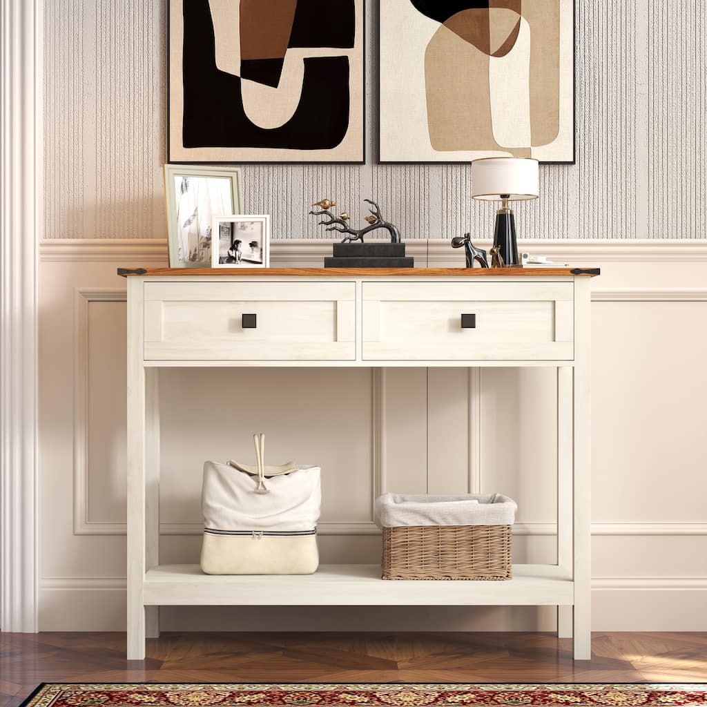 Farmhouse Style Console Table with 2 Drawer and Bottom Storage Shelf for Entryway