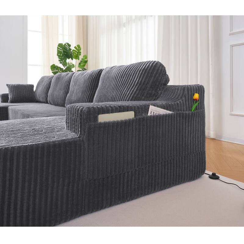 130" U-Shaped Corduroy Sectional Sofa with Cup Holders, No Assembly Required