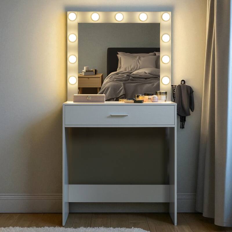Makeup Vanity Desk with Mirror and LED Lights, Large Drawer, Adjustable Brightness and Storage Shelf