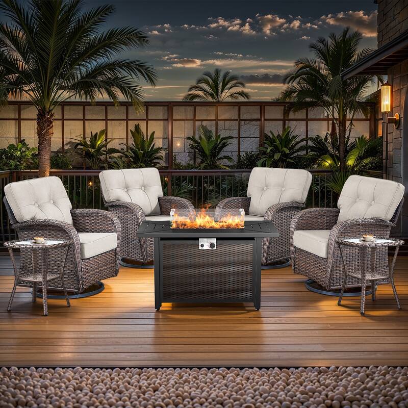 Pocassy Outdoor 43 In Fire Table with Swivel Chair Set - Brown Wicker Beige Cushion - 6-Piece Swivel Chair Table with Fire Pit Table