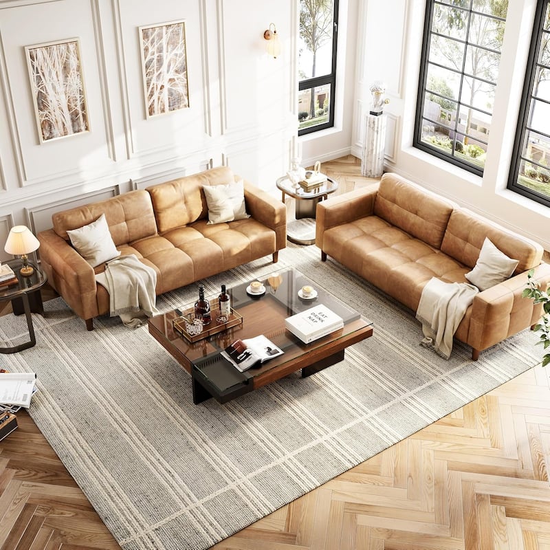 3-Seater Sofa Couch, 83" Wide Faux Leather Sofa Couch with Spring Cushion, Modern Sofa