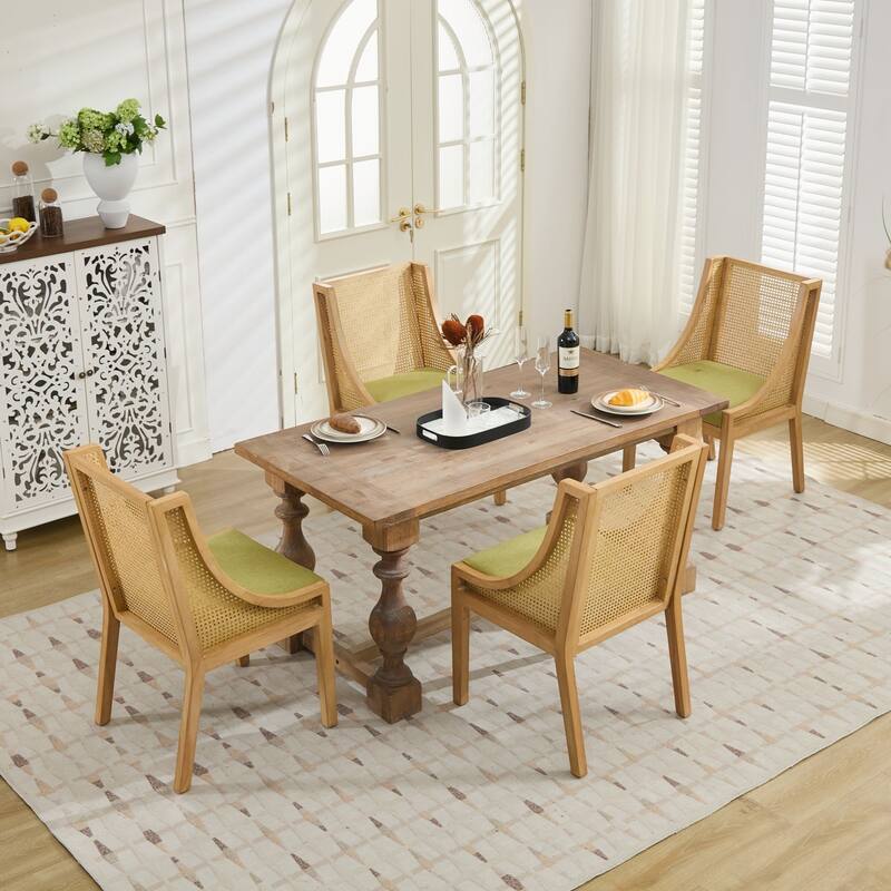 Country Style Rattan Dining Chair with Decorative Arms and Linen Upholstered Seat, for Kitchen, Dining Room, Olive Green