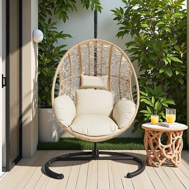 PE Wicker Swing Egg Chair - Indoor/Outdoor Hanging Chair with Puffy Cushion and Stable Base Frame (Handcrafted Weaving Design)