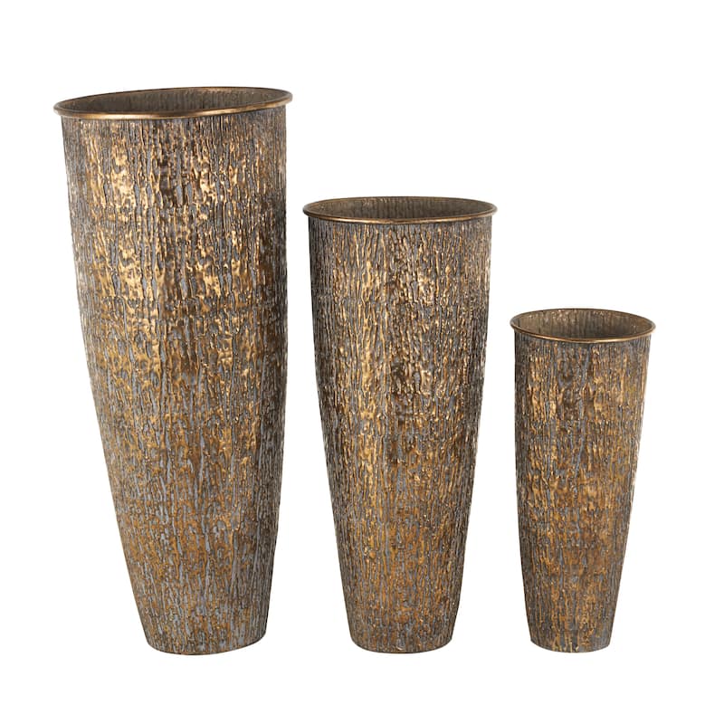 Metal Abstract Tapered Textured Floor Vase with Gray Backing - Set of 3 Brass - Roche River Decor - 17"W x 17"L x 40"H