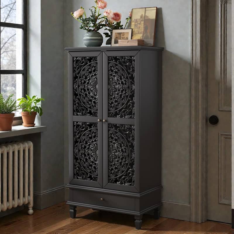 55'' Rustic Tall Storage Cabinet with Drawer, Carved Wood 2-Door Accent Cabinet with Solid Wood Legs for Living Room