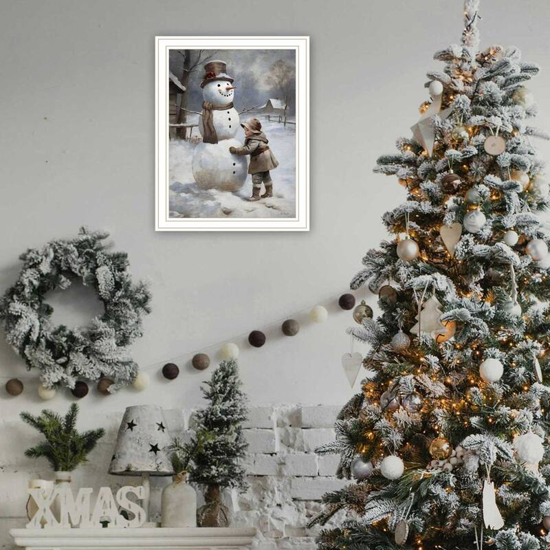 Framed Wall Art - Finishing Touch on the Snowman, White Frame