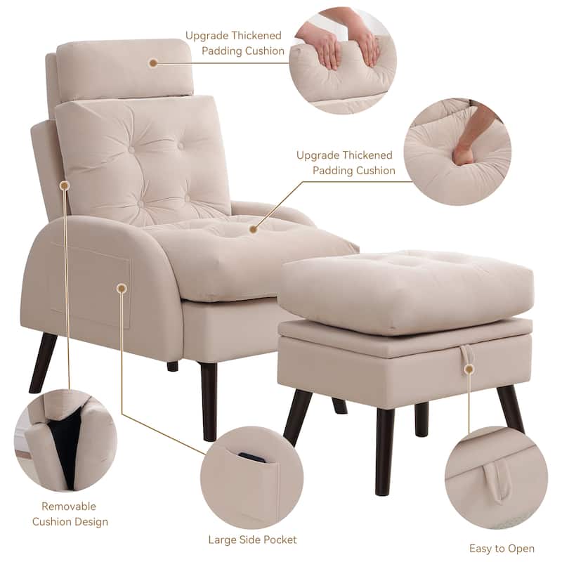 HOMYKA Upholstered Chaise Lounge Chair with Adjustable Backrest Storage Ottoman
