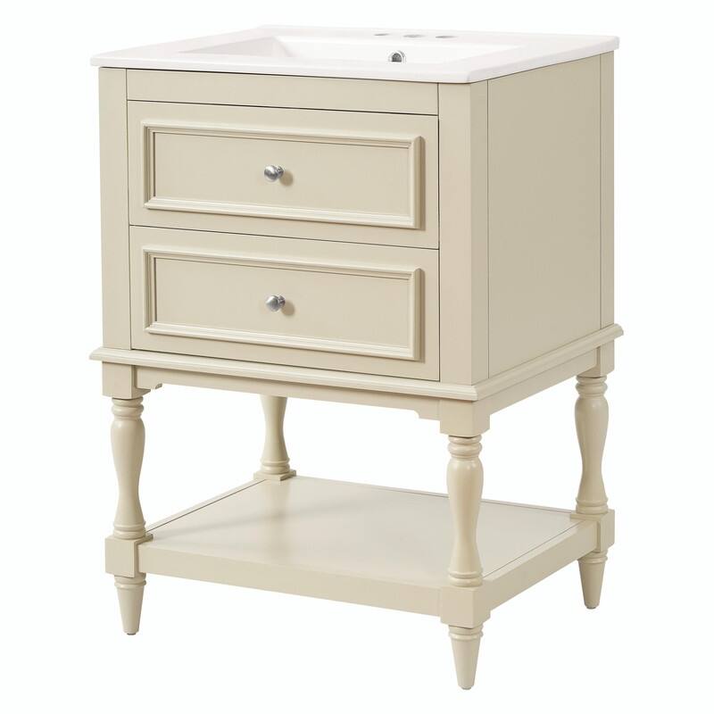 24" Bathroom Vanity with Ceramic Sink, Retro Open-Shelf Cabinet with 2 Drawers