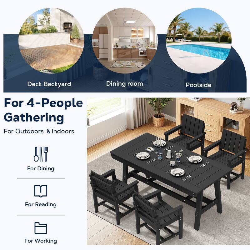 HDPE Patio Dining Set with Rectangular 67.91in W Table with Umbrella Hole and 4 Chairs - N/A