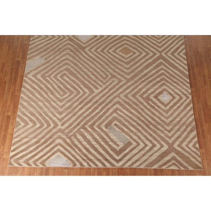 Geometric Modern Oriental Area Rug Handmade Wool Carpet - 8'11" x 11'8"