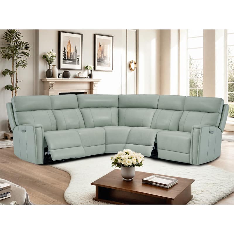 Genuine Leather Power Recliner Sectional Sofa with Ajustable Headrest, Dual Power, USB&USB-C Port - Green