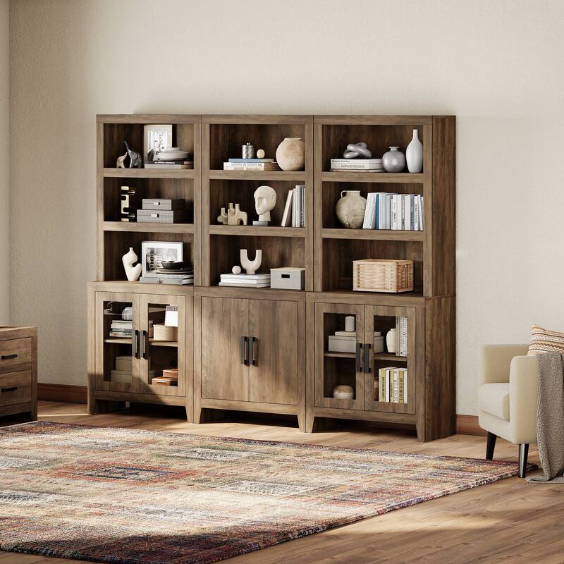 WAMPAT 74" Tall Bookshelf with Glass Doors, Farmhouse Bookcase with Open Shelves