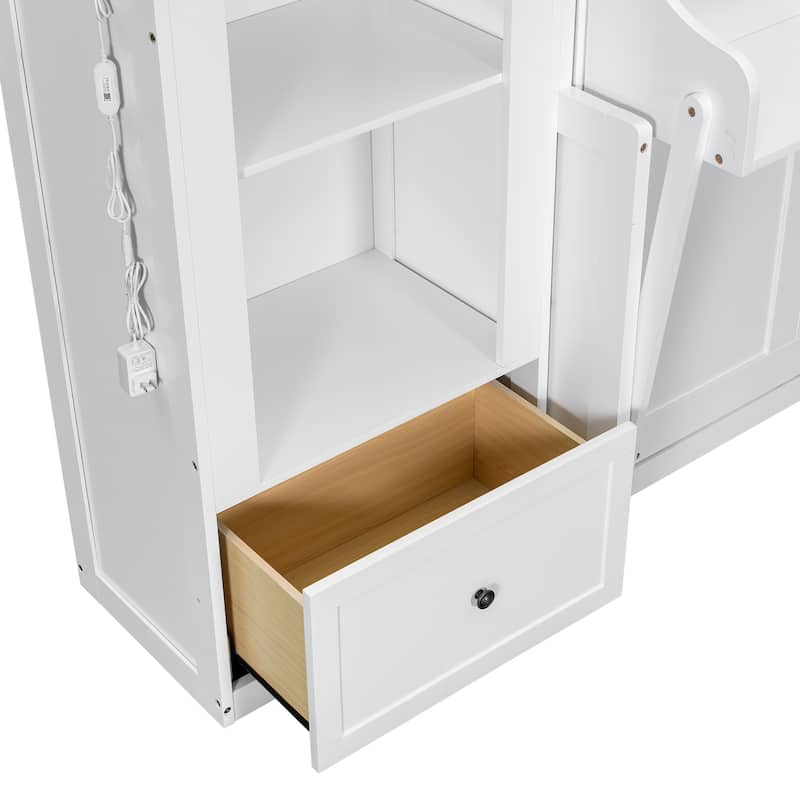 Murphy Bed Queen Size Bookcase Bed Platform Bed with Side Cabinets and 2 Drawers, Elegant French Folding Bed LED Wall Bed