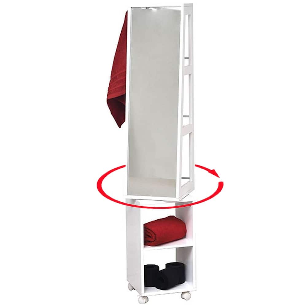 Rotating Bathroom Storage Cabinet with Mirror - 360° Swivel Tower Organizer with Rolling Base & Towel Hooks, White