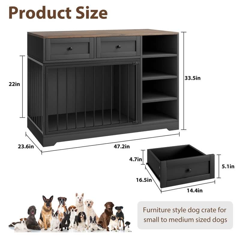 Wooden Dog Cage Furniture Indoor Crate Kennel TV Stand with Drawers Shelves