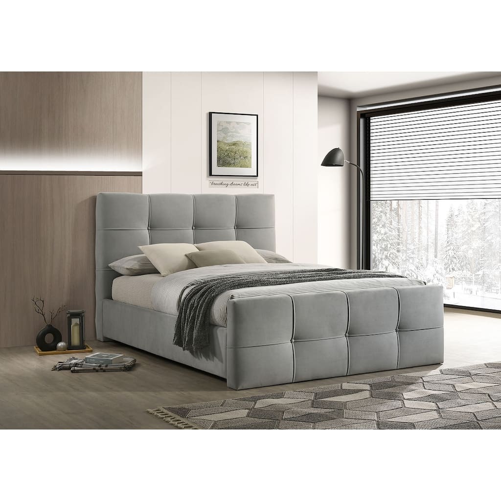1pc Button Tufted Upholstered Light Gray Finish Bed