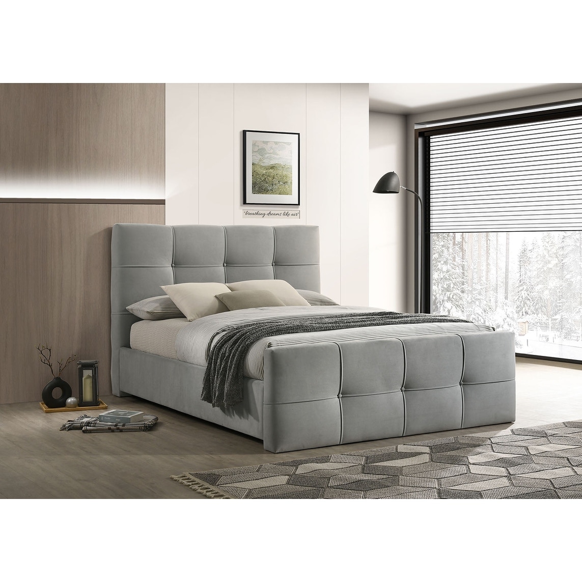 1pc Button Tufted Upholstered Light Gray Finish Bed