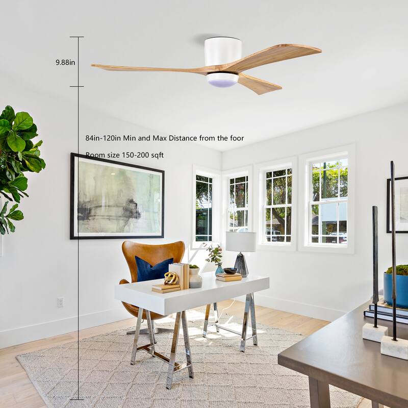 52" Flush Mount Solid Wood Blades Ceiling Fan with Lights Remote Control, Quiet DC Motor, 6 Speed, Reversible Ceiling Fan