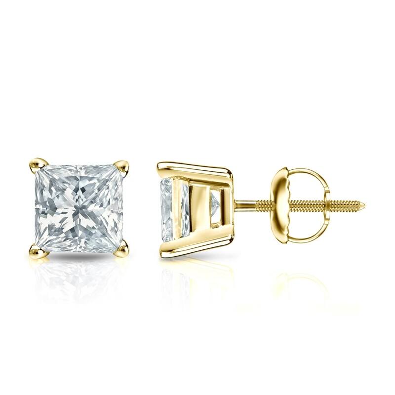 Auriya 14k Gold Lab Grown Princess Diamond Stud Earrings 0.50 to 5.00 ct. tw. 4-Prong Basket Screw-Back (F-G VS) - Yellow - 1.80 ct. tw.