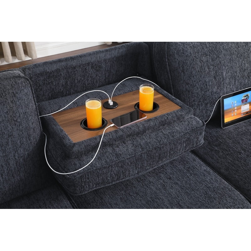 Mackenzie 91"W Chenille Fabric Reversible Sleeper Sectional with Storage Chaise, Drop-Down Table, Cup Holders & Charging Ports