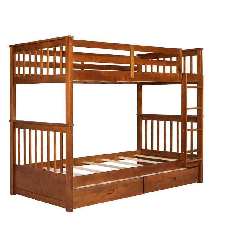 Twin-Over-Twin Bunk Bed with Ladders and Two Storage Drawers in Walnut Finish