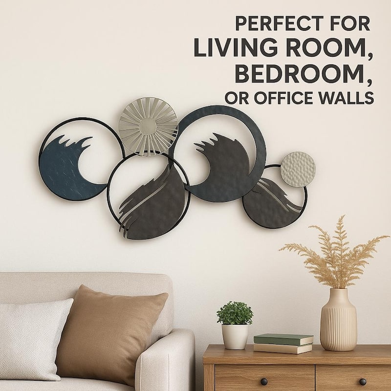 Ocean Ring Metal Wall Art Blue Grey Coastal Decor 35"x20" Horizontal