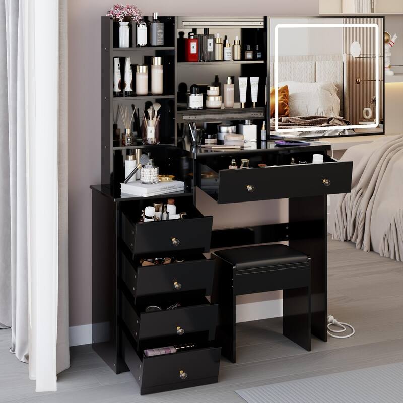 37" Middle Size Left Bedside Cabinet Vanity Table + Cushioned Stool Dresser Set, 2 AC+2 USB Socket, Hair Dryer Stand