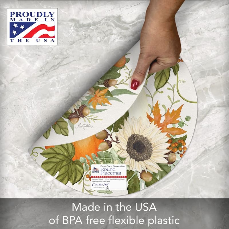 Farmhouse Fall Round Reversible Easy Care Flexible Plastic Placemat 4 Pack Made in The USA