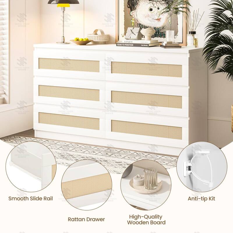 Modern Rattan 6-Drawer Dresser for Bedroom - Slim Wooden Chest of Drawers, Durable Freestanding Storage Organizer