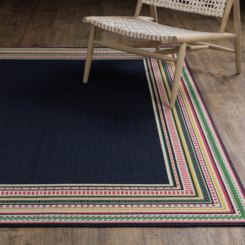 Harlowe Multi-Stripe Border Navy/ Multi Area Rug
