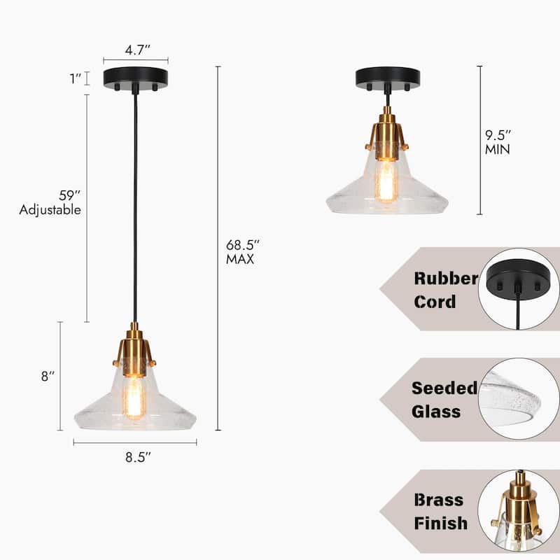 Modern Farmhouse 1-Light Black Gold Cone Shaped Glass Pendant Light for kitchen Island - 8.5" D x 8" H