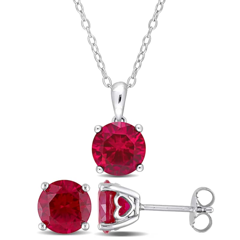 Miadora Gemstone Birthstone Earrings and Necklace Set Sterling Silver - Ruby | July