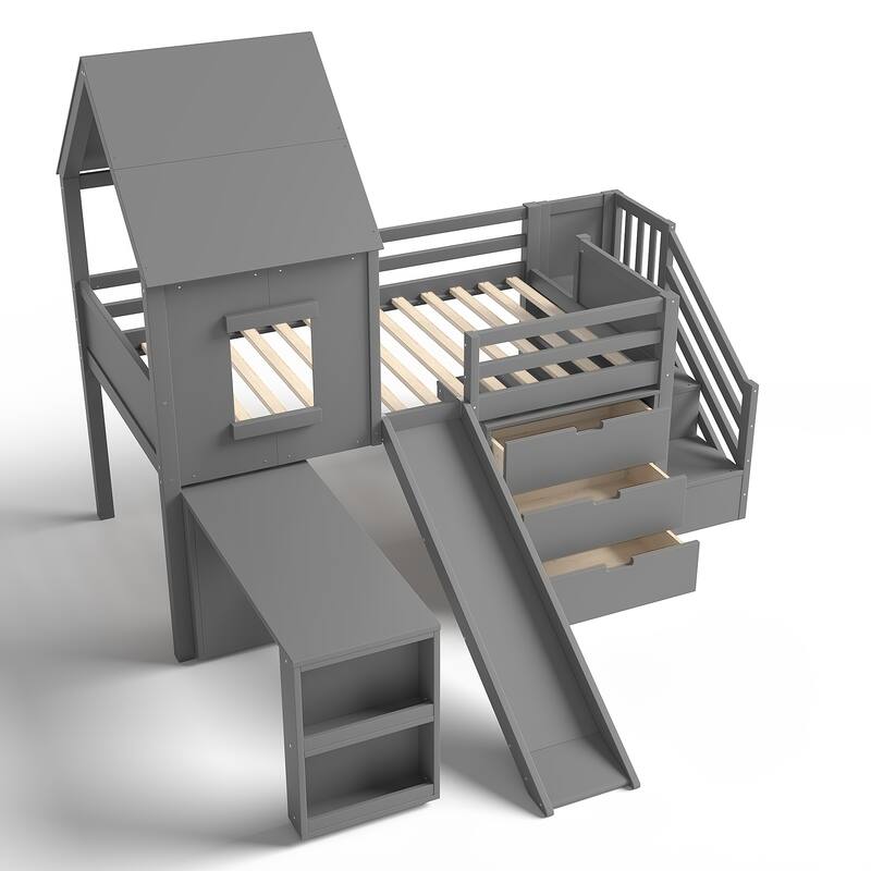 Twin Loft Bed with Storage Cabinets and Removable Desk, Kids House Loft Bed with Slide and Stairs, Childlike