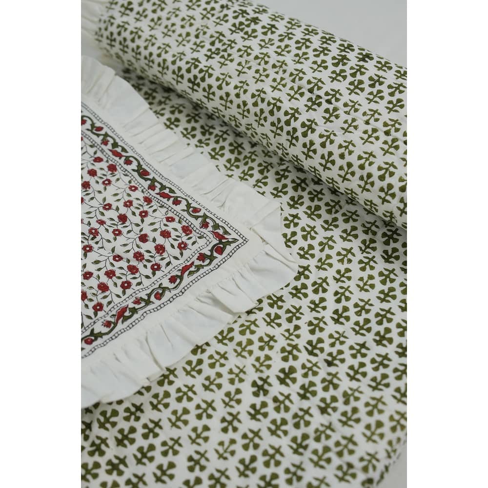 Fabdivine Handmade Cotton Quilt - Green Grey Floral Block Print, Reversible Layering Quilt, Artisan Bedspread, Heritage Textile