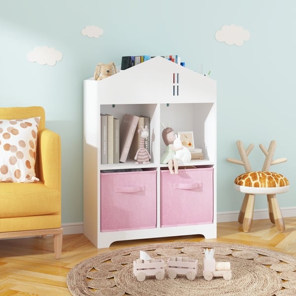 slide 2 of 13, 2-Tier Storage Display Organizer with 2 Collapsible Fabric Drawers White/Pink