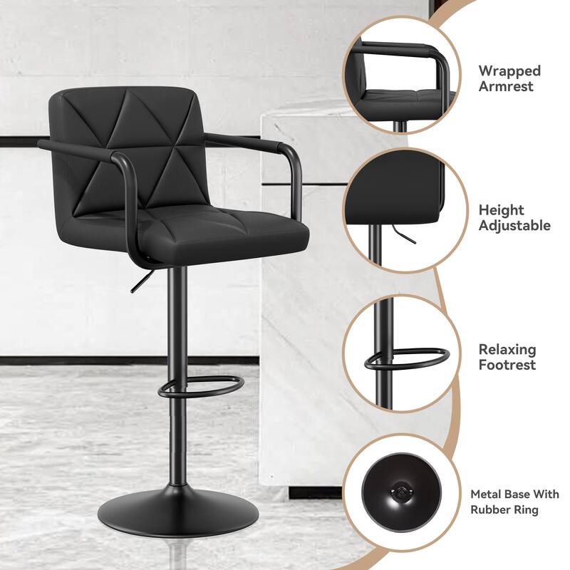 Modern Bar Stools Set of 2 Upholstered Faux Leather Barstools with Back and Arms Height Adjustable Bar Chairs