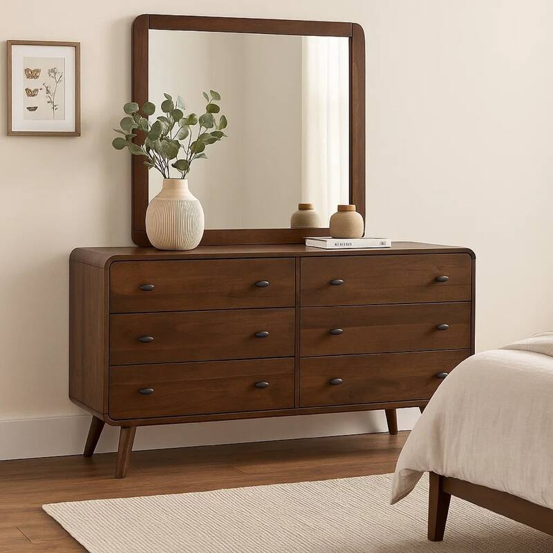 Ryb Wide Dresser with Mirror, 6 Drawers, Dark Walnut Brown Wood Frame