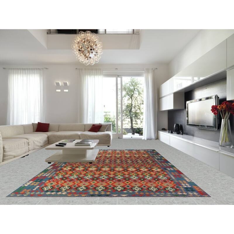 Geometric Kilim Large Rug Hand-Woven Oriental Wool Carpet - 10'2" x 16'1"