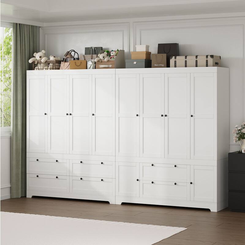 Gyomojoy Large White Wardrobe Closet with Drawers & Doors, Modular Armoire with Hanging Rods, Apartment & Dorm Storage