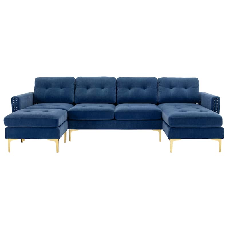 110.6" Velvet L-Shaped Sectional Sofa with Movable Ottoman and Storage Pockets