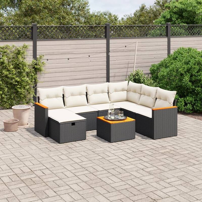 vidaXL Patio Sofa Set with Cushions Outdoor Conversation Furniture Poly Rattan - Black and cream with table - 24.4 x 24.4 x 27.2 in